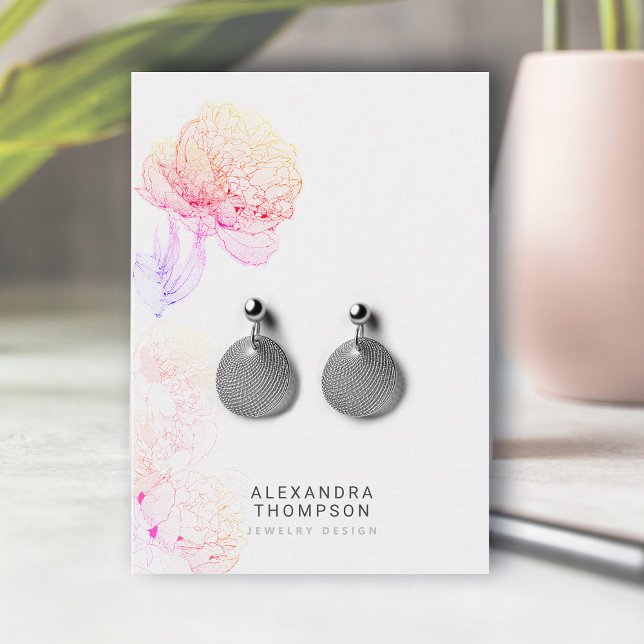 Rainbow Bold Peonies Floral Sketch Jewelry Display Business Card (floral earrings jewelry display card rainbow peonies art sketch modern minimalist elegant template)