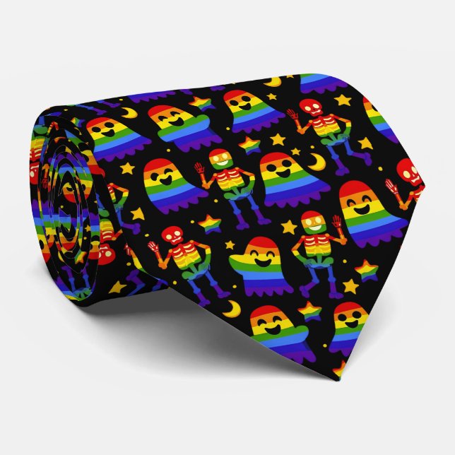 🦇🌈 Rainbow Bones & Stars  Neck Tie (Rolled)