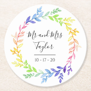 Rainbow Botanical Leaves Wedding Round Paper Coaster