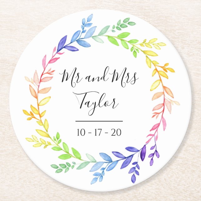 Rainbow Botanical Leaves Wedding Round Paper Coaster (Front)