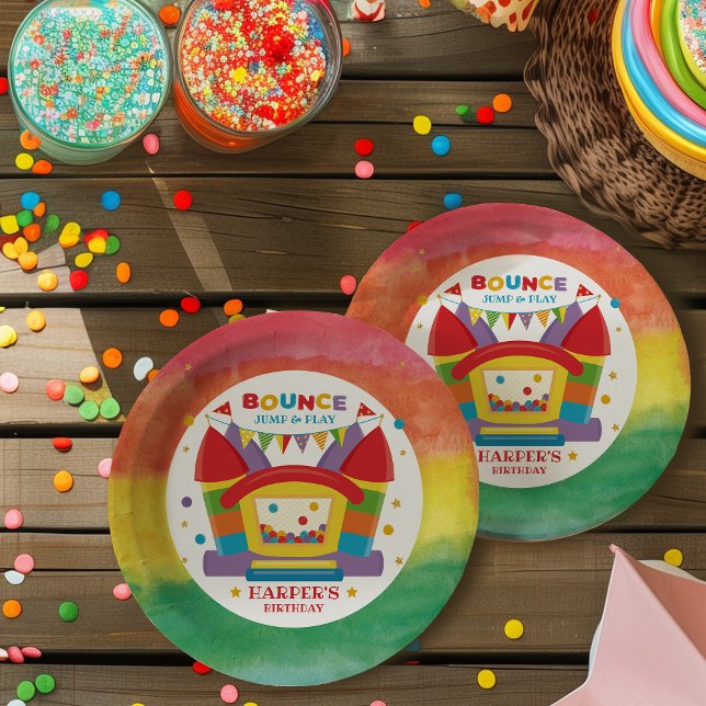 Rainbow Bounce House Birthday Party  Paper Plates (Let our rainbow bounce house birthday party plates, take your little one’s big day to new heights.)