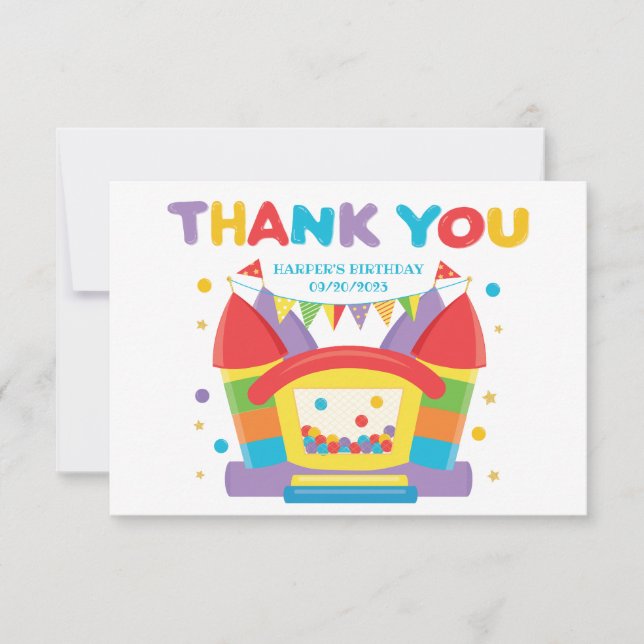 Rainbow Bounce House Birthday Thank You Card (Front)