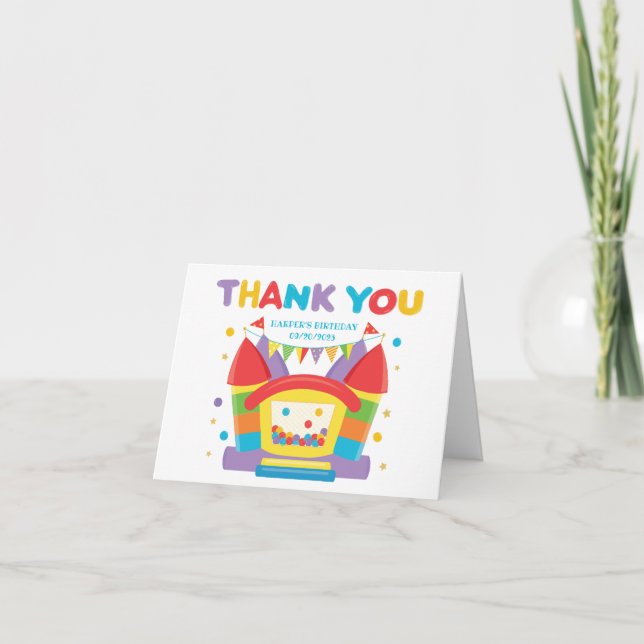 Rainbow Bounce House Birthday Thank You Card (Front)