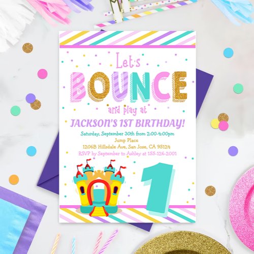 Rainbow Bounce House _ Jump First Birthday Party Invitation