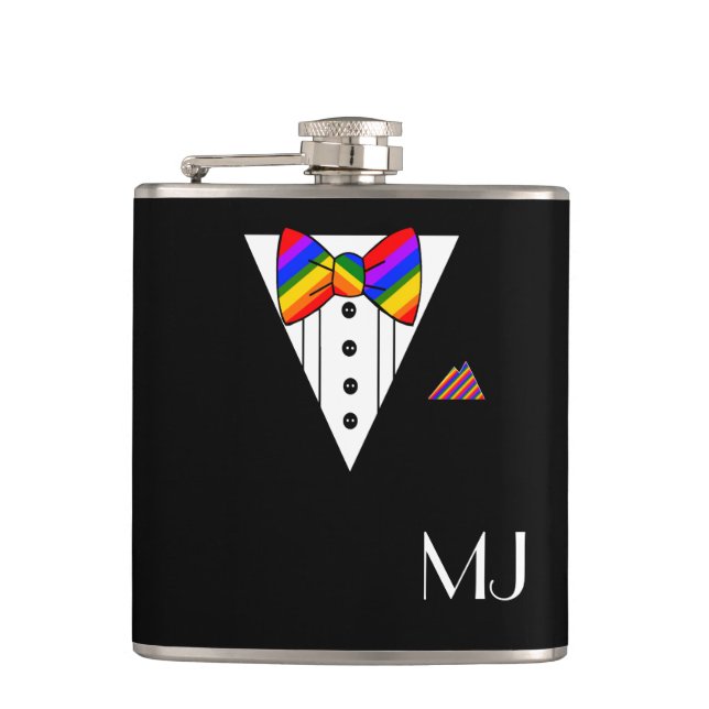 Rainbow Bow Tie Black Tuxedo Monogrammed Flask (Front)