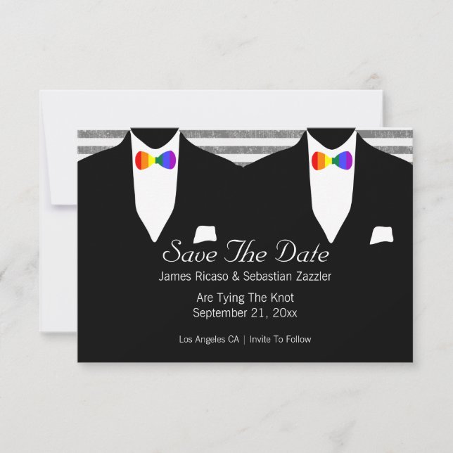 Rainbow Bow Tie Gay Save The Date Wedding (Front)