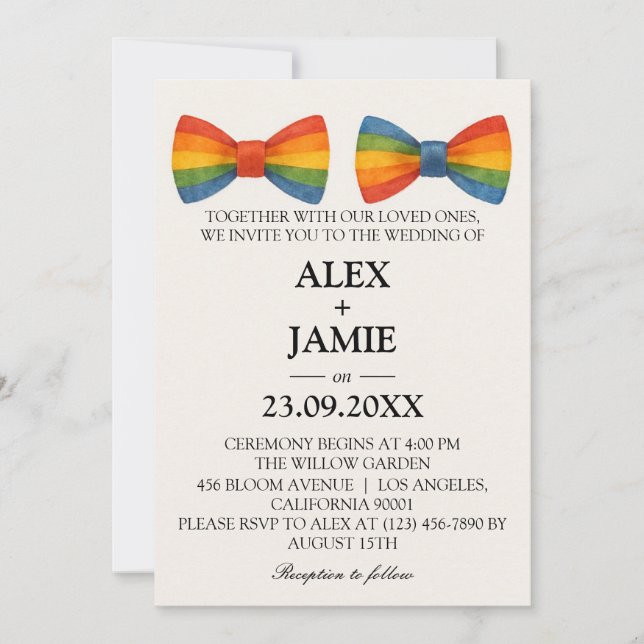 Rainbow Bow Tie LGBT Gay Wedding Invitation (Front)