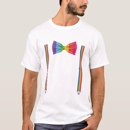 Rainbow Bow Tie With Suspenders Funny LGTBQ T_Shirt