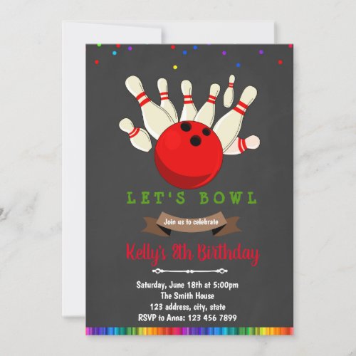 Rainbow bowling birthday party invitation