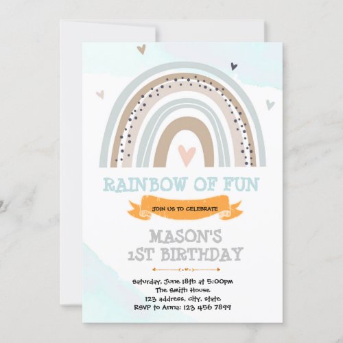 Rainbow boy theme birthday party invitation