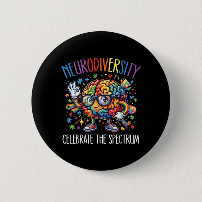Rainbow Brain Neurodiversity Brain Autism Button (Front)