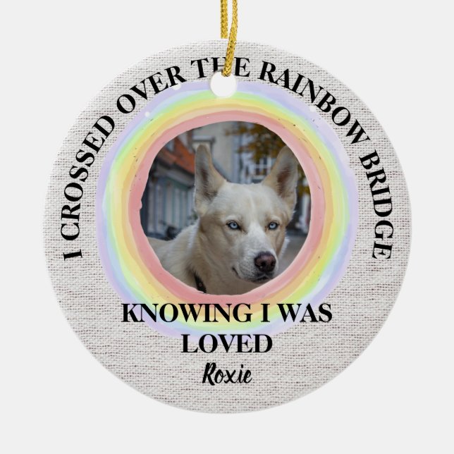 Rainbow Bridge Dog memorial, Custom photo & Name Ceramic Ornament (Front)