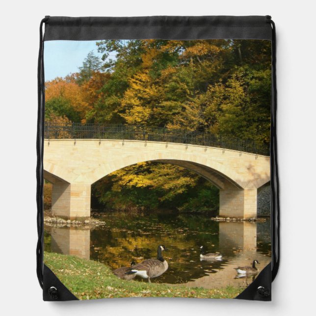 Rainbow Bridge in Fall at Grove City College Drawstring Bag (Front)