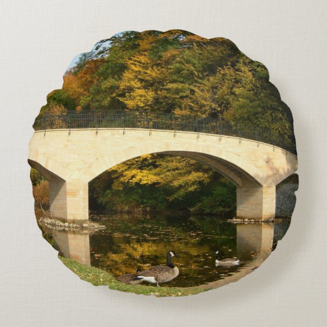 Rainbow Bridge in Fall at Grove City College Round Pillow (Front)