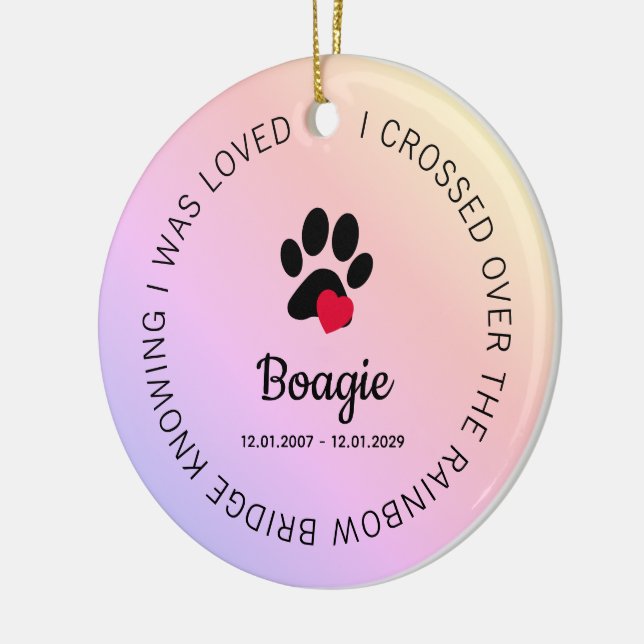 Rainbow Bridge Paw Print Personalized Pet Memorial Ceramic Ornament (Left)