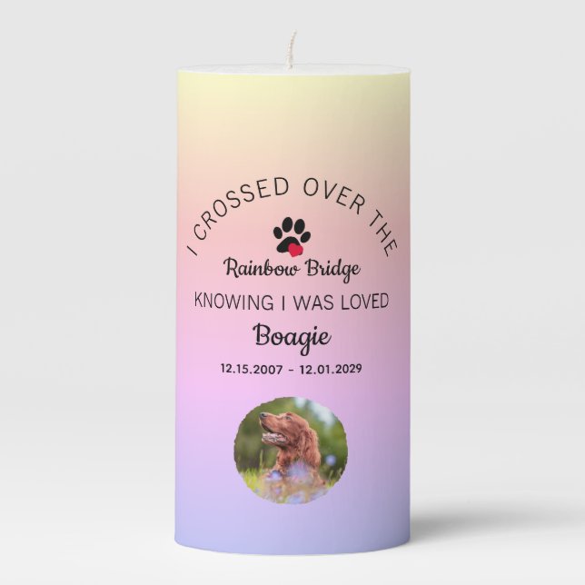 Rainbow Bridge Paw Print Photo Pet Memorial Pillar Candle (Front)
