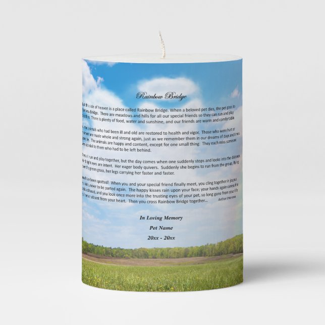 Rainbow Bridge Pet Sympathy Candle, FEMALE Dog Pillar Candle (Front)