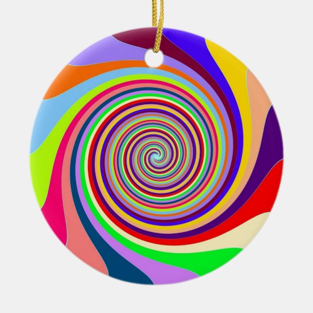 Rainbow bright psychedelic pop art candy swirl ceramic ornament (Front)