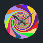 Rainbow bright psychedelic pop art candy swirl round clock<br><div class="desc">with a psychedelic rainbow candy swirl pattern inspired by the 1960s and 1970s pop art movement,  this brightly coloured,  swirly spiral pattern is funky and uplifting and sure to make you smile.</div>