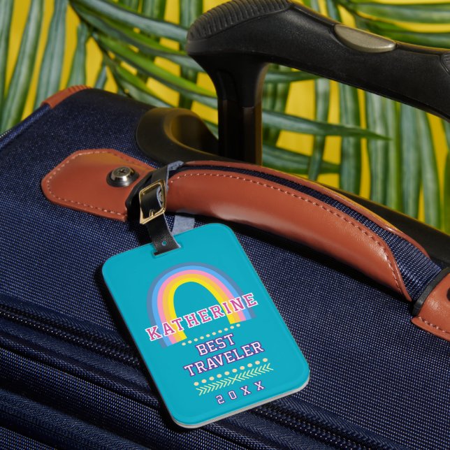 Rainbow Bright Teal Luggage Tag (Front Insitu 1)