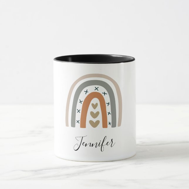 Rainbow brown beige gray modern white name mug (Center)