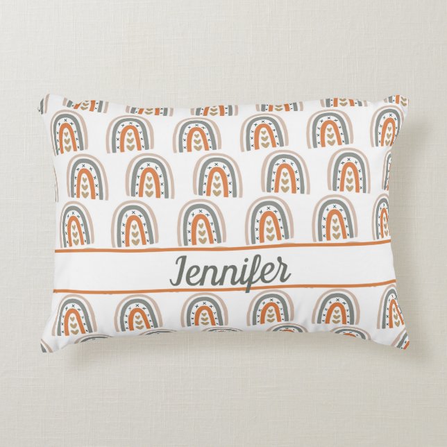Rainbow brown beige gray white monogram nursery accent pillow (Front)