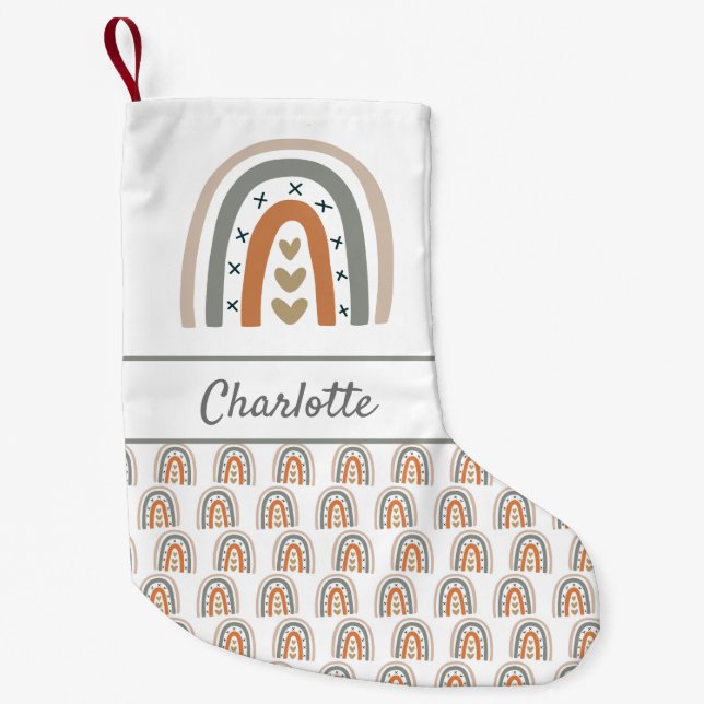 Rainbow brown beige gray white name small christmas stocking (Front)