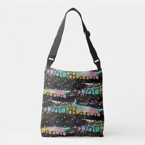 Rainbow Brushstrokes Flowers Triangles on Black Crossbody Bag