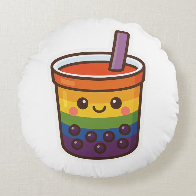 Rainbow Bubble Tea LGBTQ+ Pride Round Pillow (Front)