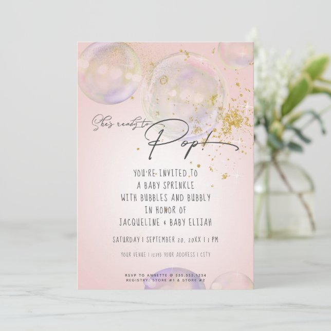 Rainbow Bubbles Ready to Pop Girl Baby Shower Pink Invitation (Standing Front)