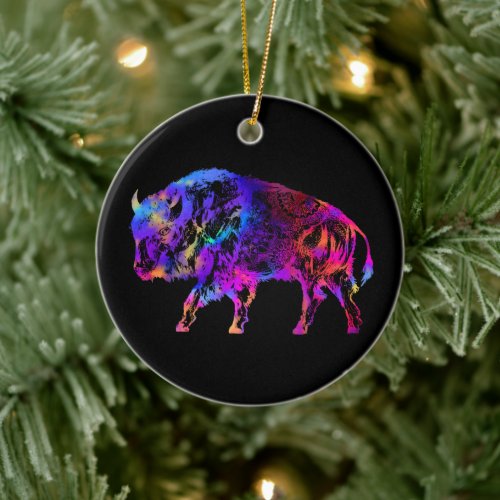 Rainbow Buffalo Bison Ceramic Ornament