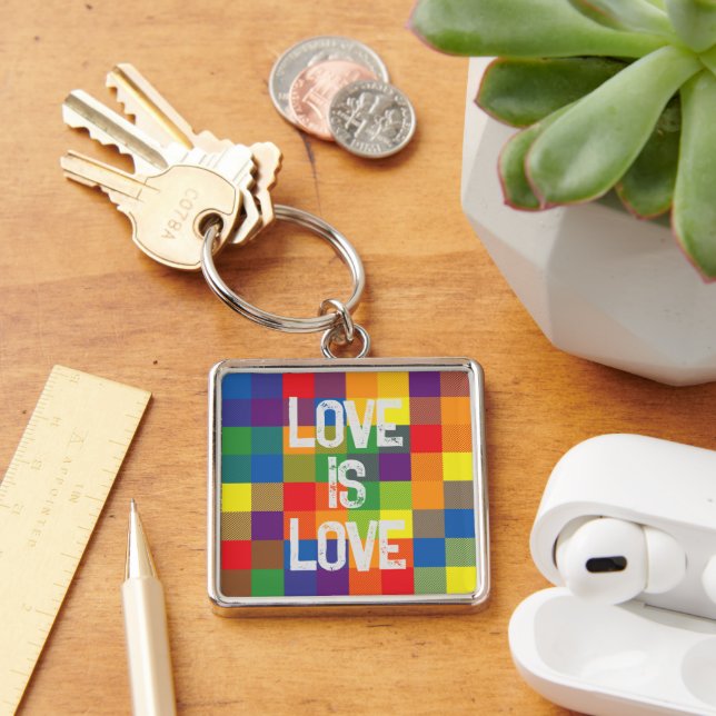 Rainbow Buffalo Check Pride Plaid Personalize Keychain (Desk)