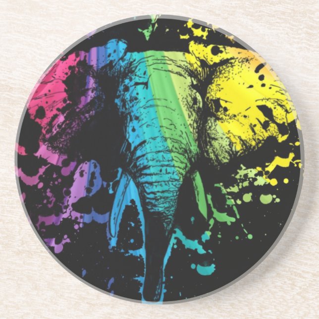 Rainbow Bull Elephant on Black Drink Coaster (Front)