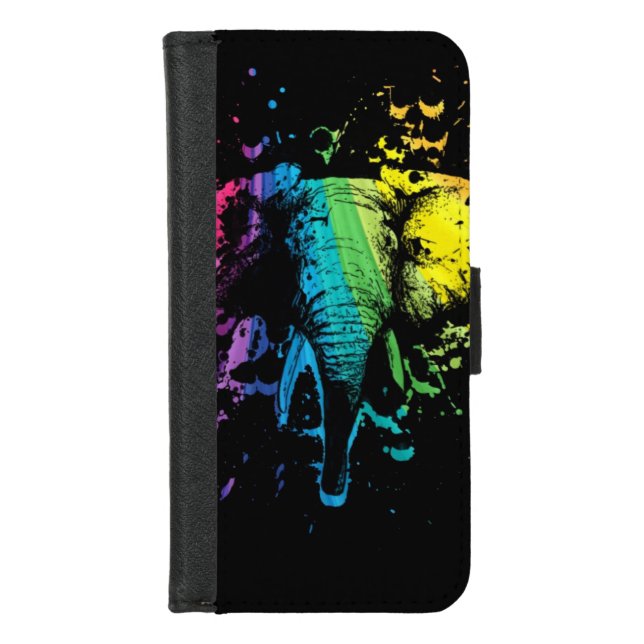 Rainbow Bull Elephant on Black iPhone Wallet Case (Front)