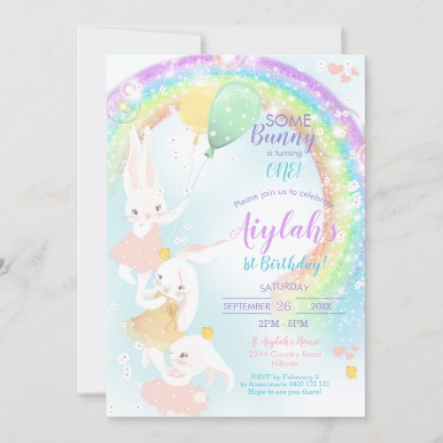 Rainbow Bunny 1st Birthday Invitation