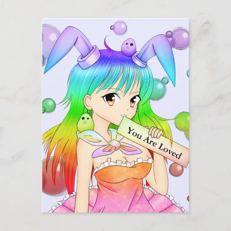 Rainbow Bunny Anime Girl Postcard | Zazzle