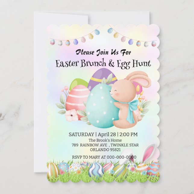 Rainbow bunny hunting egg Happy Easter day Party Invitation (Front)