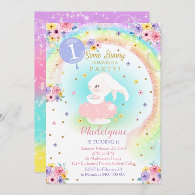 Rainbow Bunny Invitation Bunny Birthday (Front/Back)