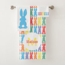 Rainbow Bunny Pattern Kids Monogram Bath Towel Set