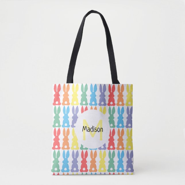 Rainbow Bunny Pattern Personalized Kids Easter Tote Bag (Front)