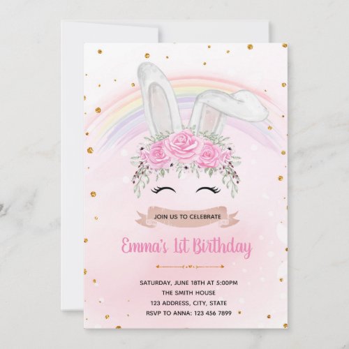 Rainbow bunny princess birthday invitation