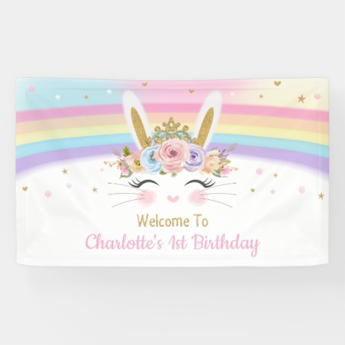 Rainbow Bunny Rabbit Baby Shower Birthday Backdrop Banner