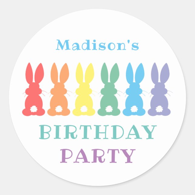 Rainbow Bunny Rabbit Kids Personalized Party Classic Round Sticker (Front)