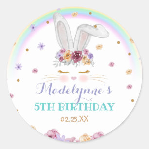 Rainbow Bunny Watercolor Floral Bunny Birthday Classic Round Sticker