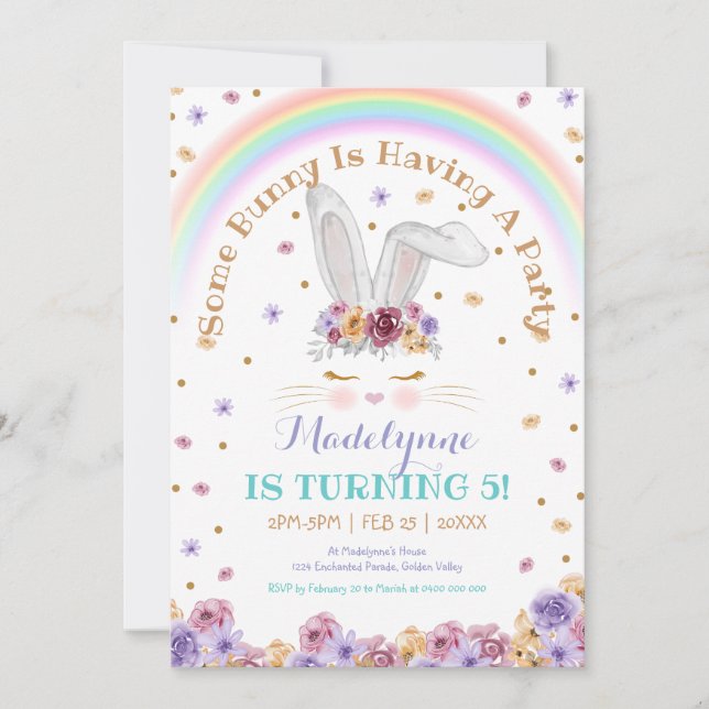 Rainbow Bunny Watercolor Floral Bunny Birthday Invitation (Front)
