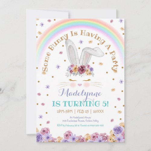 Rainbow Bunny Watercolor Floral Bunny Birthday Invitation