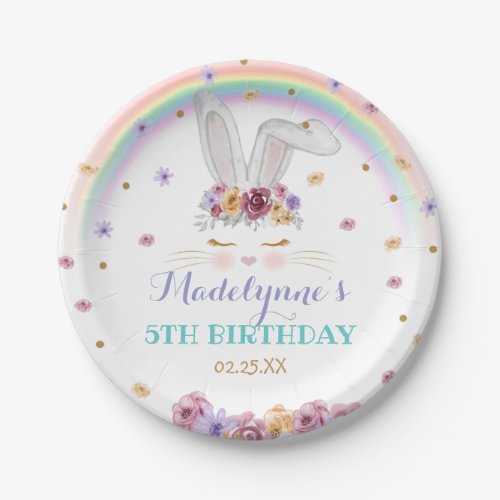 Rainbow Bunny Watercolor Floral Bunny Birthday Paper Plates