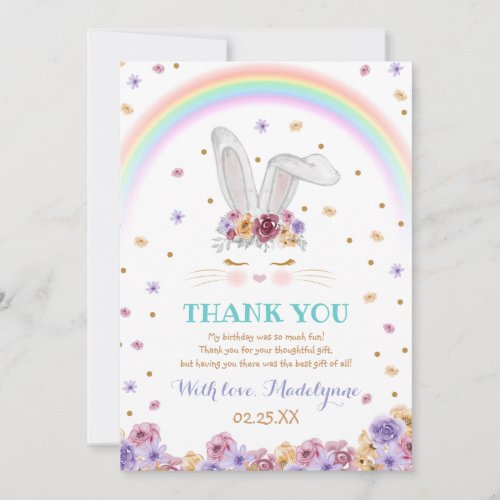 Rainbow Bunny Watercolor Floral Bunny Birthday Thank You Card