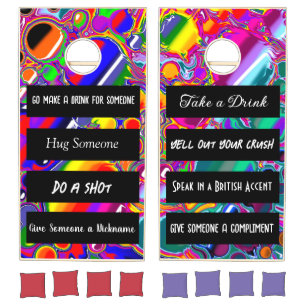 Rainbow Burst Colorful Funny Rules Cornhole Set