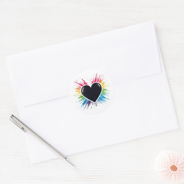 Rainbow Burst Heart Classic Round Sticker (Envelope)
